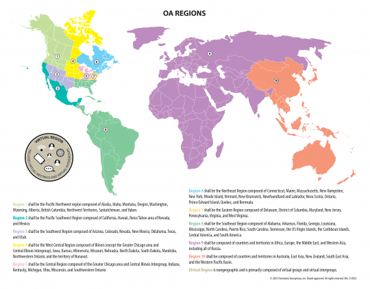 A map showing OA‘s eleven regions.