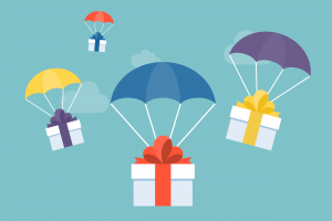 Gifts with parachutes floating to the ground.