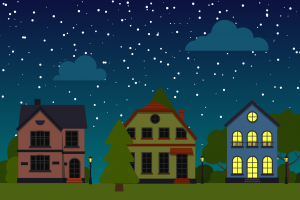Neighborhood street at night with only one house lit from inside.