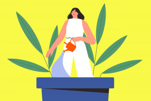 Woman caring for plants and herself.