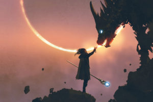 Slight wizard taming a menacing dragon