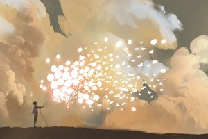 illustration of man releasing glowing balloons